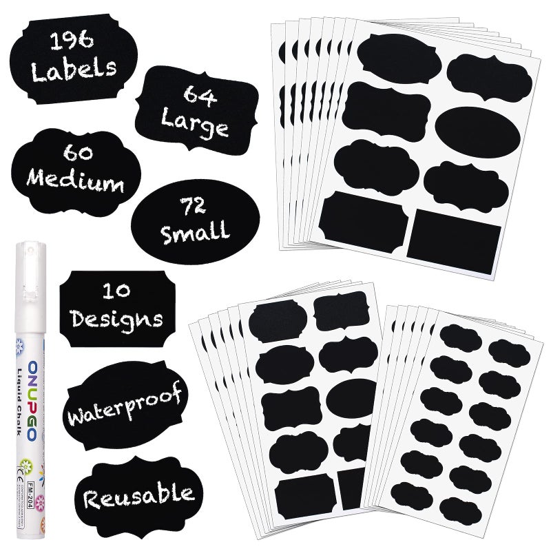 ONUPGO Chalkboard Labels Stickers Bulk - 196 Reusable Chalk Sticker Labels with Erasable Chalk Maker, Removable Waterproof Blackboard Labels for Containers, Glass, Mason Jar Labels - Image 1